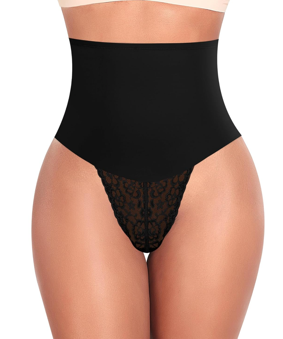 Werena Tummy Control Thong Shapewear for Women Mid High Waisted Body Shaper Underwear Lace Shaping Thong Girdle Panties S