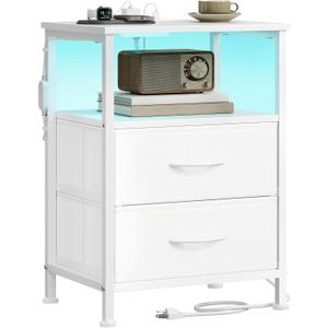 SONGMICS BELLAH Collection - Nightstand with Charging Station and App-Controlled Adjustable LED Lights, Bed Side Table, 2 Drawer and 1 Open Shelf, Bedroom, Cloud White and Snow White ULGS302WH01S