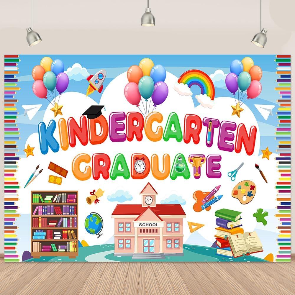 Colorful Kindergarten Graduation Backdrop for Kid Blue White Kindergarten Graduate Banner Colorful Balloons Preschool School Graduation Party Decorations Background Banner 5.9x3.6Ft