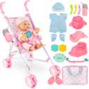DeAO Baby Doll Stroller Set with 13 inch Doll,Kids Play Stroller Toys,13" Baby Doll Set with Foldable Doll Stroller,18 PCS Baby Doll Accessories with 2 Sets Doll Clothes