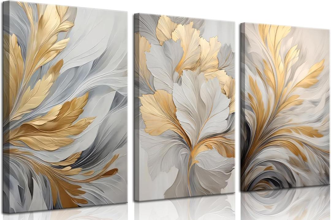 3Pcs Modern Abstract Golden White Leaves Canvas Wall Art Neutral Botanical Wall Decor Pictures Luxury Posters Prints for Living Room Bedroom Office Home Decorations, 12x16in