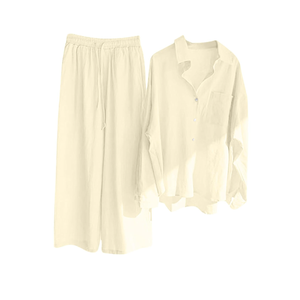 Women Long Sleeve Lapel Shirt Suits Fashion Retro Button Down Cotton Linen Work Blouse with Solid Elastic Waist Pant, S