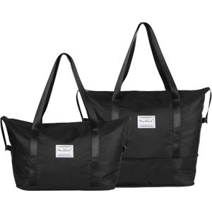 Foldable Travel Duffle Bag, Waterproof Weekender Carry On Tote Bags for Women Men, Sport Gym Hospital Bag for Labor Delivery, Handheld Luggage Bag with Trolley Sleeve, Black,1 Pack