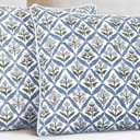 SheetKart Block Print Pillow Cover - Cotton Throw Pillow Covers for Boho Decorative Couch, Living Room, Bohemian Theme Gifts, Floral Blue - 18 x 18 Inches - Set of 2
