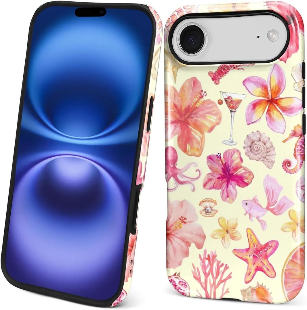 Compatible with iPhone 17 Air Case,Dual-Layer Protection Hard Shell with Silicone Interior,Slim Scratch Resistant Shockproof for Woman Men Pink Sea Creatures Flowers