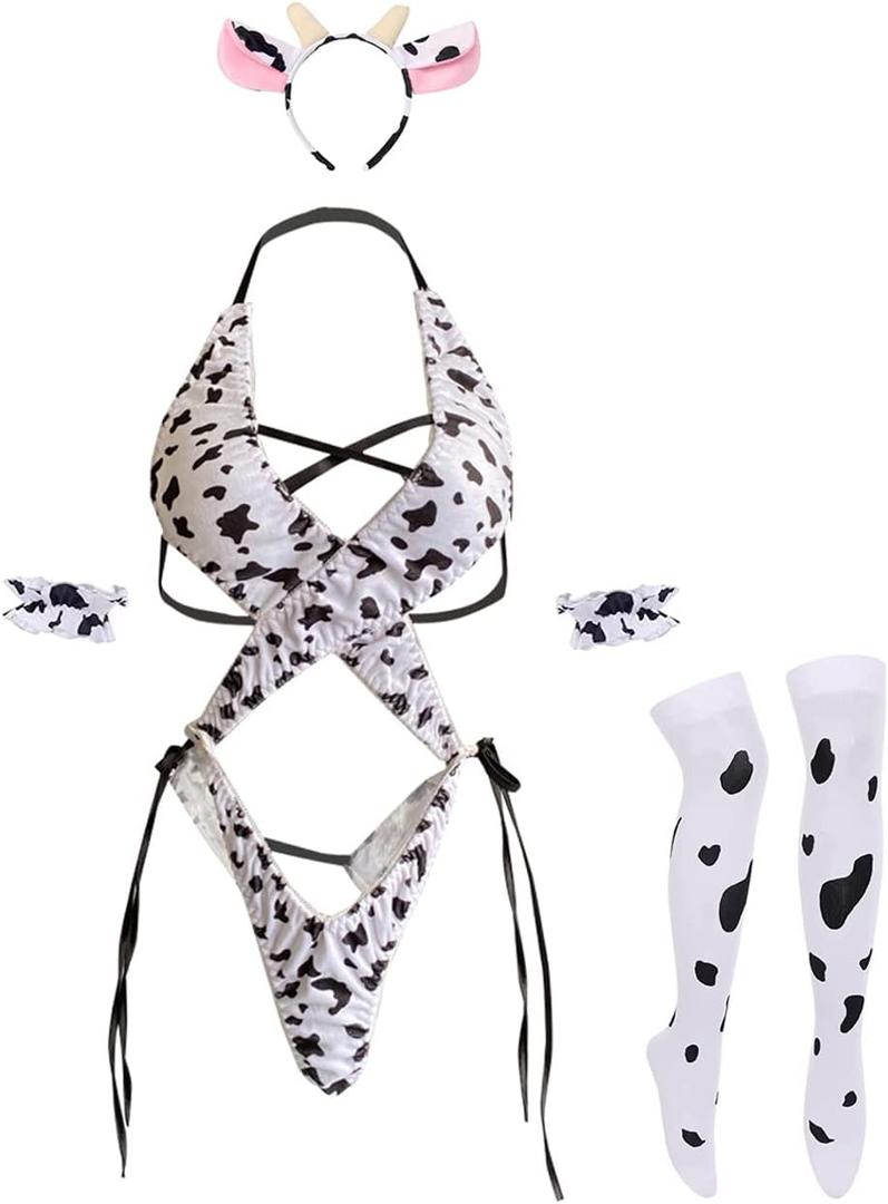 Unibaby Womens Anime Cow Cosplay Milk Leopard Costume Lolita Kawaii Bikini Bodysuit Lingerie Panty Set White Stocking (Cow type 1)