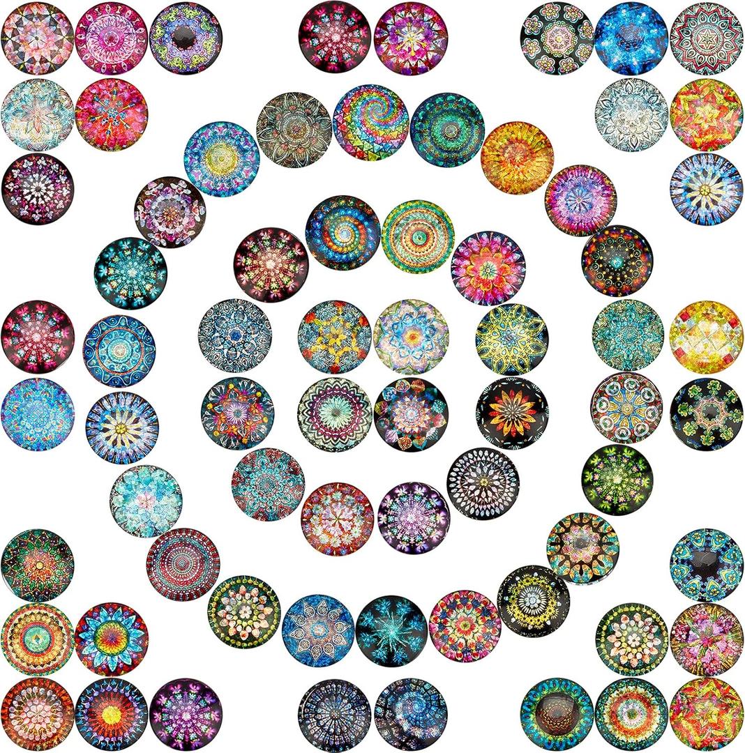 PH PandaHall 25mm Kaleidoscope Glass Cabochons, 70pcs Mosaic Printed Glass Dome Cabochons Half Round Cabochons Tiles for 25mm Dome Jewelry Pendant Trays Blanks (Dark)