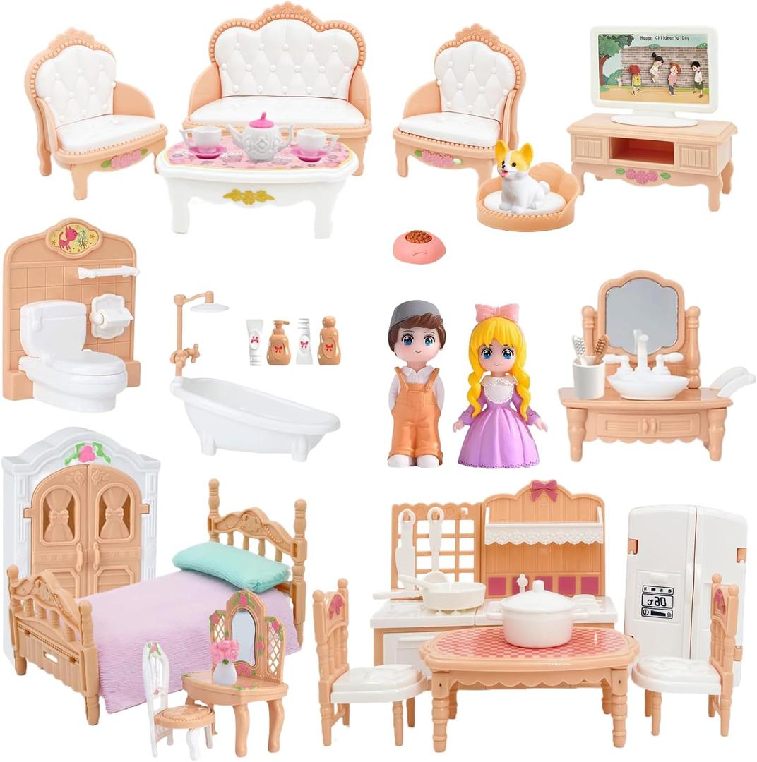 Princess Dollhouse Furniture Set, 48 Piece Luxury Miniature Accessories Collection with Living Room, Bathroom, BedroomKitchen, TV Entertainment Set (Beige)