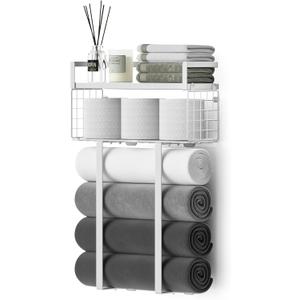 Towel Racks for Bathroom, Bathroom Shelf Over Toilet,Floating Shelves with Towel Rack Paper Holder Storage Basket,Floating Shelves for Wall Decor,White