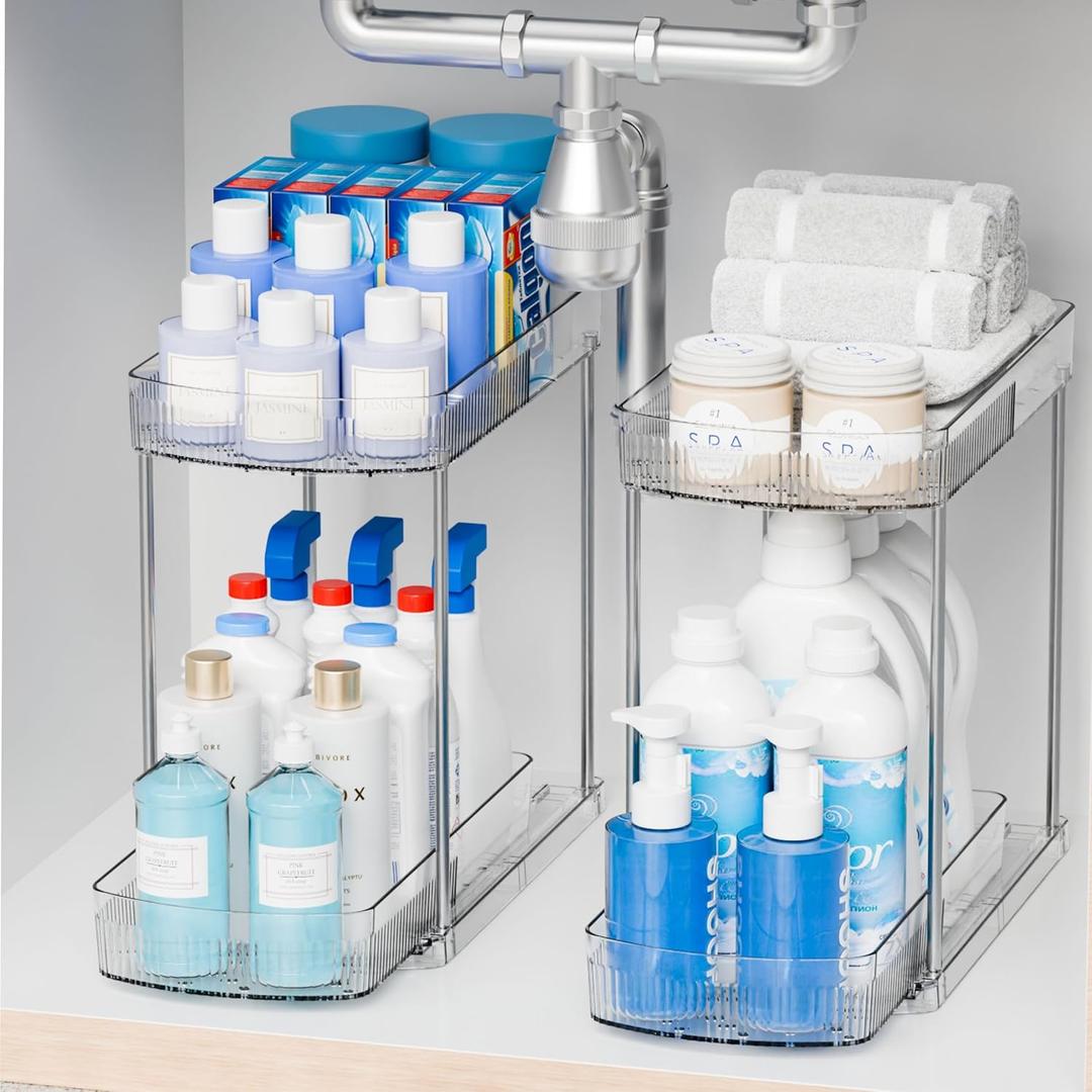 2 Pack Large Pull Out Bathroom Organizers and Storage,2 Tier 12.8 Tall Sliding Kitchen Under Sink Organizer for Cleaning Products Storage,Acrylic Clear Bathroom inder Sink Organizer,Undersink Storage
