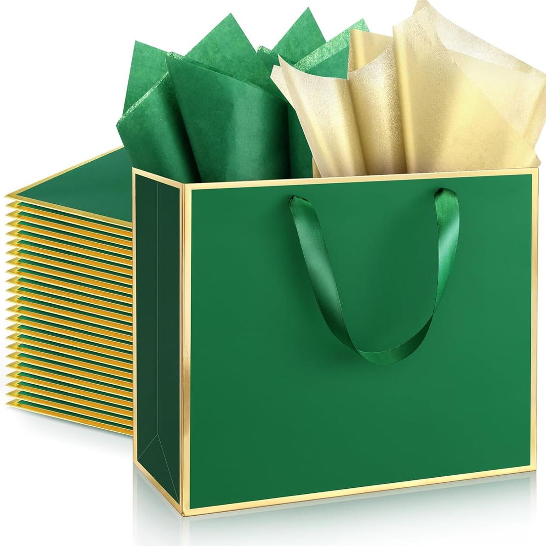 ReliThick 12 Pack Metallic Paper Gift Bag with Handles and Tissue Paper 11.8 x 10 x 4'' Thank You Favor Bag for Graduation Mother's Day Wedding Bridesmaid Groomsman 5 Senses Gifts (Green,Gold)