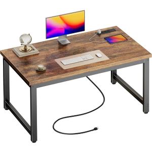 Huuger 55 x 24 inch Desk with Power Outlets & USB-C, Deeper & Thicker Desktop, Robust Metal Tubes, Computer Desk, Heavy Duty Office Desk, Work Gaming Desk for Home Office, Rustic Brown