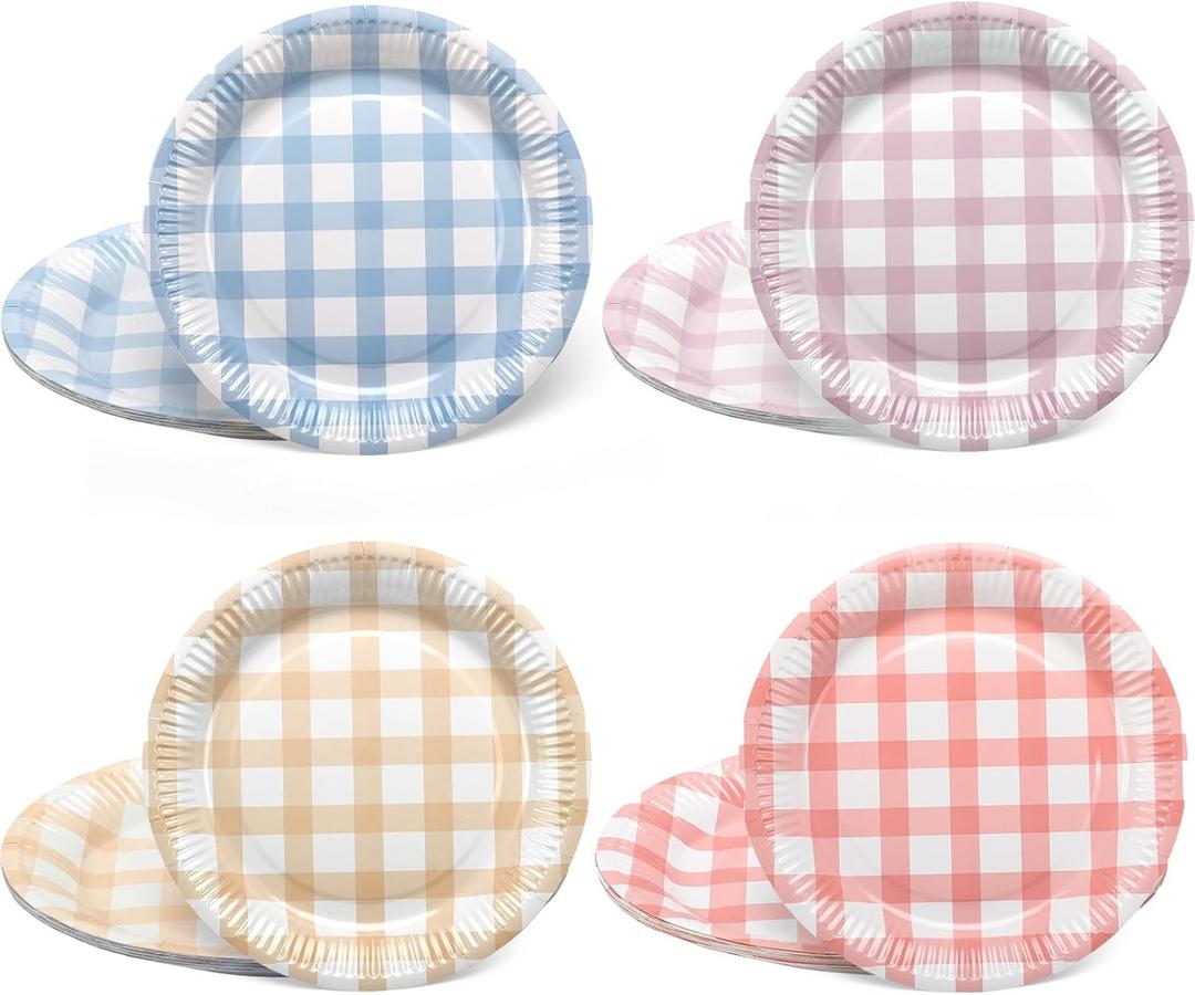 Tioncy 40 Pieces Gingham Cake Dessert Paper Plates 9 Inch Colorful Round Picnic Paper Plates Disposable Dinnerware Lunch Tableware for Picnic Wedding Birthdays Camping Party 4 Colors