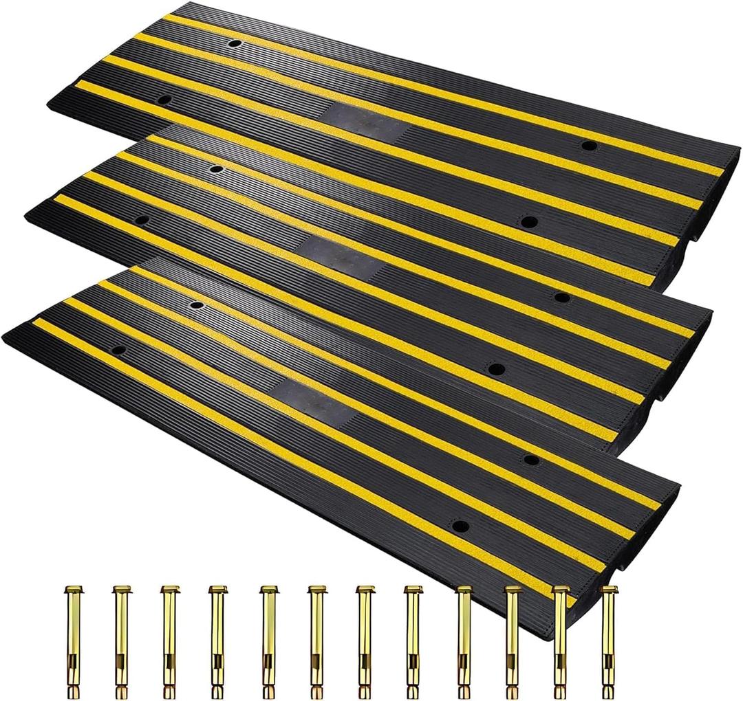 48" Driveway Ramp, 3 Pack Heavy Duty Rubber Curb Ramps for Cars, SUVs, Trucks | Low Profile Design with Water Drainage Channel | Garage & Sidewalk Transition Solution