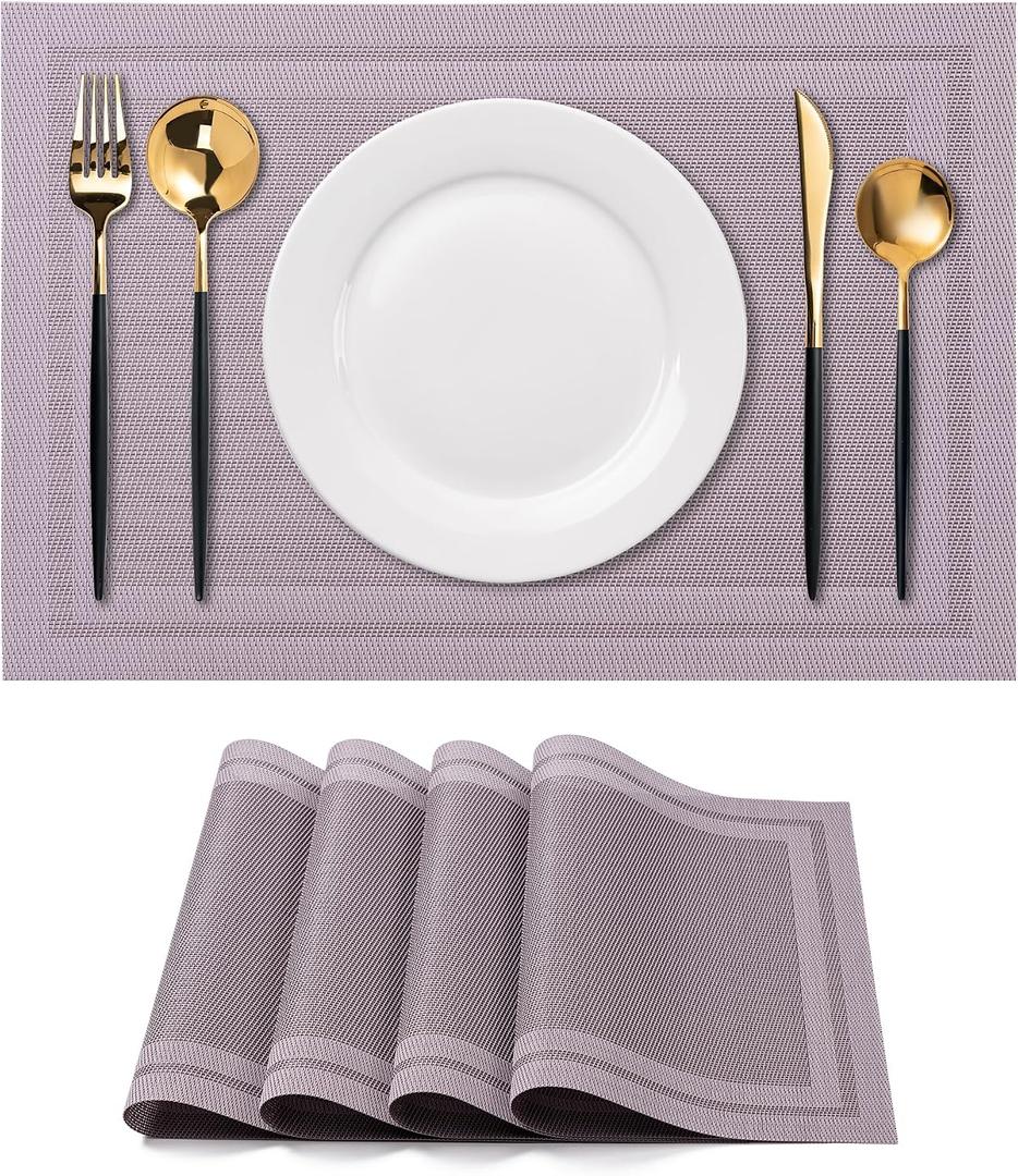 CADONO Placemats Set of 4 Washable Indoor/Outdoor Vinyl Place Mats for Dining Table Durable Non-Slip Heat Resistant PVC Weave Table Mats（Simple Style-Deep Gray）