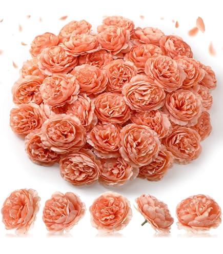 Thiccywoov 50 Pcs Artificial Flowers, 3.2 Inches Silk Rose Head Flowers Fake No Stem for Wedding Bridal Bouquet Home Floral Decor DIY Centerpieces Arrangements Party Tables Decorations (Peach)