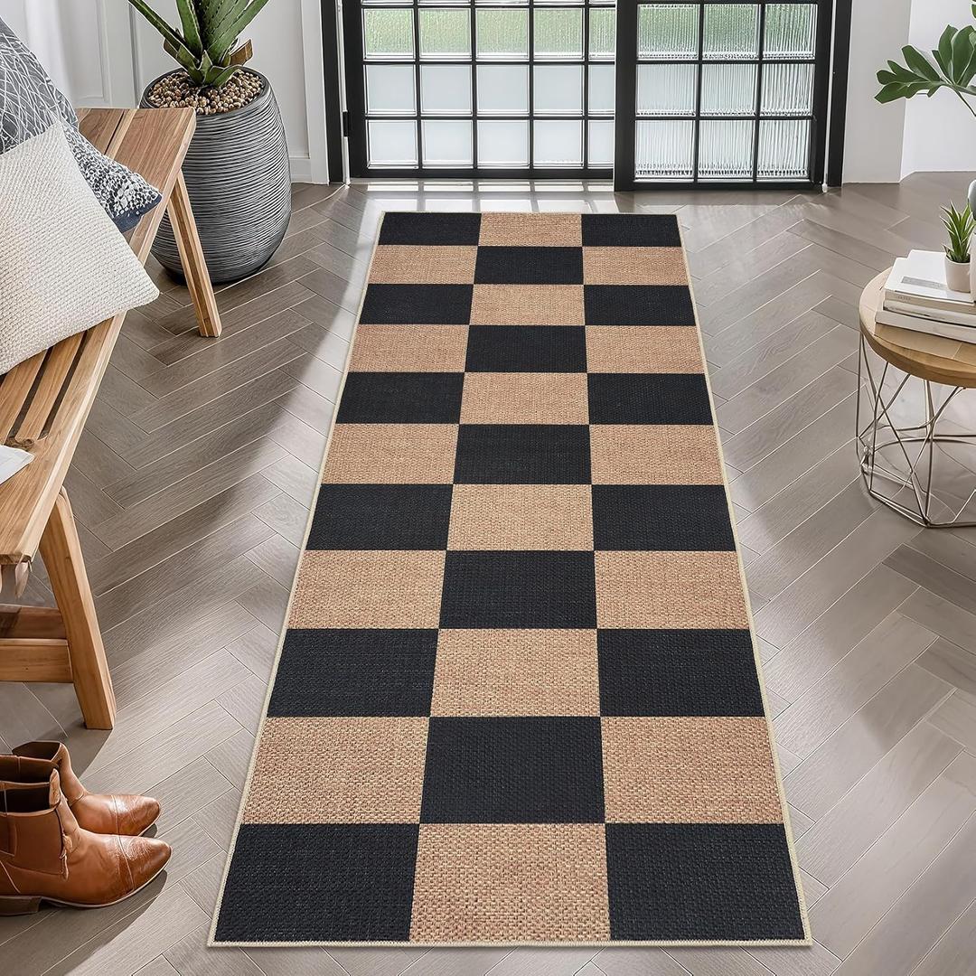 GarveeHome Checkered Easy Jute Runner Rug 2x6 Non-Slip Machine Washable Stain Resistant Indoor Outdoor Rugs for Living Room, Bedroom, Kitchen, Dining, Patio - Farmhouse Style Black Tan