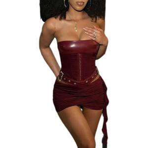 Sexy Two Piece Outfits for Women Off the Shoulder Leather Tube Top High Waist Ruched Mini Skirt Set Vacation Outfits (Small, Claret)