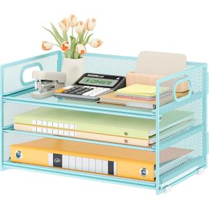 Subekyu 3 Tier Paper Desk Organizer with Handle and 1 PC Slideable Letter Tray, A4 Paper File Folder Sorter Metal Mesh Organizer for Home Office School Desk Supplies Organization Storage, Blue (12.6" x 9.1" x 8.1")