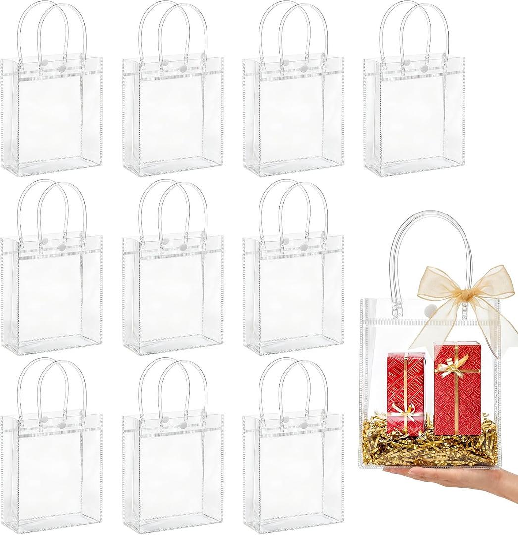 MAQIHAN Clear PVC Gift Bags with Handles - 10PCS Small Party Favor Bags Transparent Party Favour Plastic Gift Bag Tote Goodie Bag Bulk Pvc Plastic Bags with Handles for Gifts(Small Size 5.9 x 7.8 In)