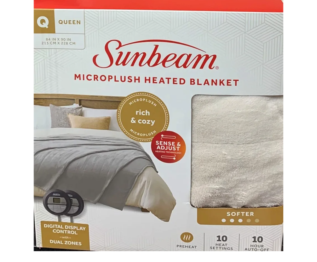 Sunbeam Microplush Queen Electric Heated Blanket with Preheat Feature Two Digital Controller 10-Heat Settings Auto Shut-Off, UL Certified for Safety, Ivory Beige