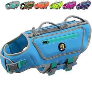 Dog Life Vest for Swimming, High Flotation Dog Life Jacket for Large Dogs Good Visibility Reflective Puppy Floating Vest, Adjustable Neoprene Pet Swimsuit with Rescue Handle, Blue, L