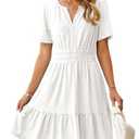 Simplee Womens White Spring Wedding Guest Mini Dress Eyelet Casual V Neck Flowy A Line Short Dresses Empire Waist Beach Dress with Pockets(White M)
