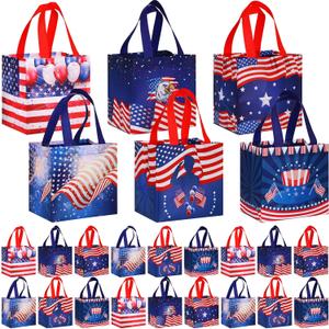 Ctosree 24 Pcs 4th of July Gift Bags Bulk Patriotic Memorial Independence Day Celebration-red White Blue Non Woven Tote with Handle