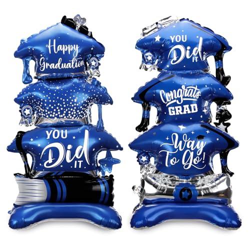 Jenaai 2 Pcs 37" Blue and Silver Graduation Caps Foil Balloons Giant Self Standing Congrats Grad Diploma You Did It Theme Balloons for Class of 2026 Graduation Party Decoration Supplies