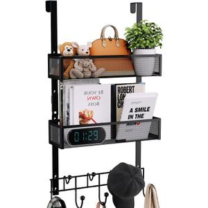 Consumest Over The Door Hooks Organizer - Extra Long Door Hanger with 9 Coat Hooks & 2 Mesh Basket, Back Storage Organizer Hanging Towels for Bathroom, Bedroom, Black (for 1.76 in Doors)