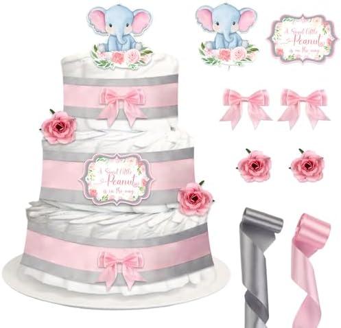 CORNER LACE Baby Shower Pink Elephant Diaper Cake Decorations, Newborn Baby Girl Birthday Party Diaper Cake Supplies Kit, Include Ribbon, Bow Tie, Cake Toppers, Artificial Flowers(Diaper Not Included)