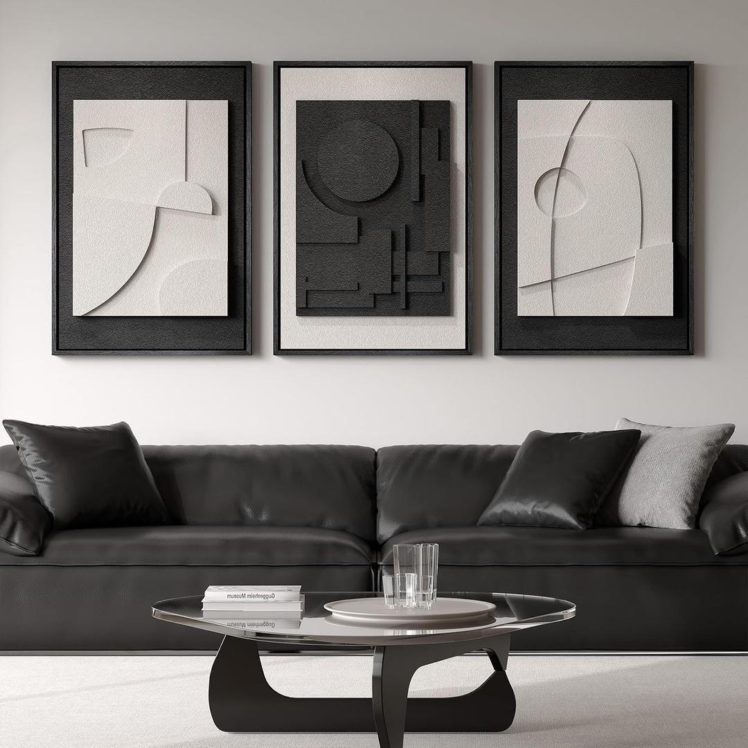 Large 3D Textured Framed Black and White Abstract Wall Art, 3 Piece Modern Wall Paintings Artwork for Walls, Minimalist Black White Geometric Pictures for Living Room, Hallway, Dining Room Wall Decor, 20"W x 30"H x 3Pcs