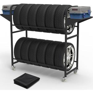 Tire Storage Rack 44" x 44" x 18" with Anti-Dust Cover, Rolling Adjustable Black Alloy Steel Tire Rack for Garage with 4 Swivel Casters & 2 Storage Shelves