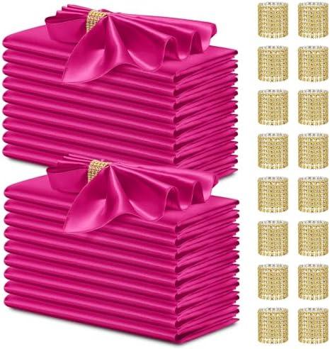 vveiiye 40 Pack Satin Napkins and Napkin Rings Set of 20 Hot Pink Satin Table Napkins 17 x 17 Inch, 20Pcs Silky Cloth Napkins for Wedding Party Banquets Dinner