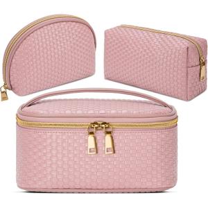 KTMOUW Makeup Bag 3 Pcs Waterproof Cosmetic Bag Set Portable Travel Cosmetic Bag Multifunction Organizer Storage Bag Weave Toiletry Bag for Women, Pink