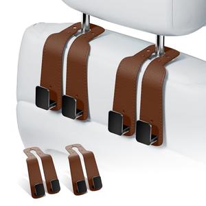 Geyrut Headrest Hooks For Car, Multifunctional Purse Hook Leather Seat Back Storage Hook Double Metal Hooks Car-Hangers for Seat(2 Pack, Brown)