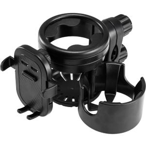 Two Clips 3in1 Big Holder, Universal Stroller Cup Holder, Adjustable Drink Holder,Removable Phone Holder for Wheelchair, Stroller, Bike, Walker, Scooter, Bicycle (Black)