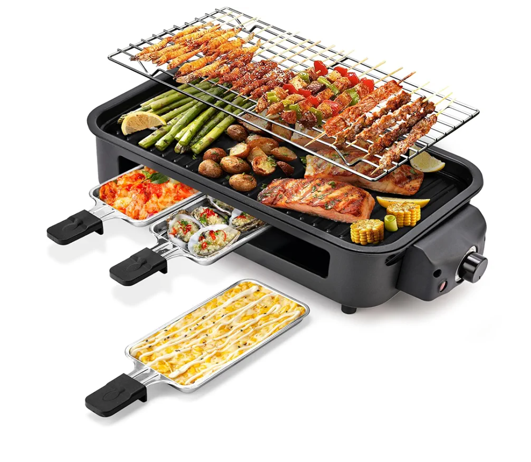 Pukomc Electric Indoor Grill,2 in 1 Indoor Grills for Kitchen with Grill Net & Non-Stick Cooking Removable Plate, Temperature Control, Dishwasher Safe, 1700W Black