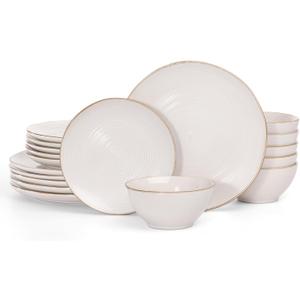 famiware Tempus Plates and Bowls Sets for 6, 18 Pieces Stoneware Dinnerware Sets, Dishes Set, Reactive Glaze Dishware Sets, Dishwasher & Microwave Safe - Antique White