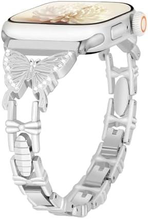 Hyeelun Metal Band Compatible with Apple Watch Bands 38mm 40mm 41mm 42mm(Series 10), Dressy Butterfly Band with Shiny Diamond for Women Strap for iWatch Bands Series 10/9/8/7/6/5/4/3/2/1, Silver