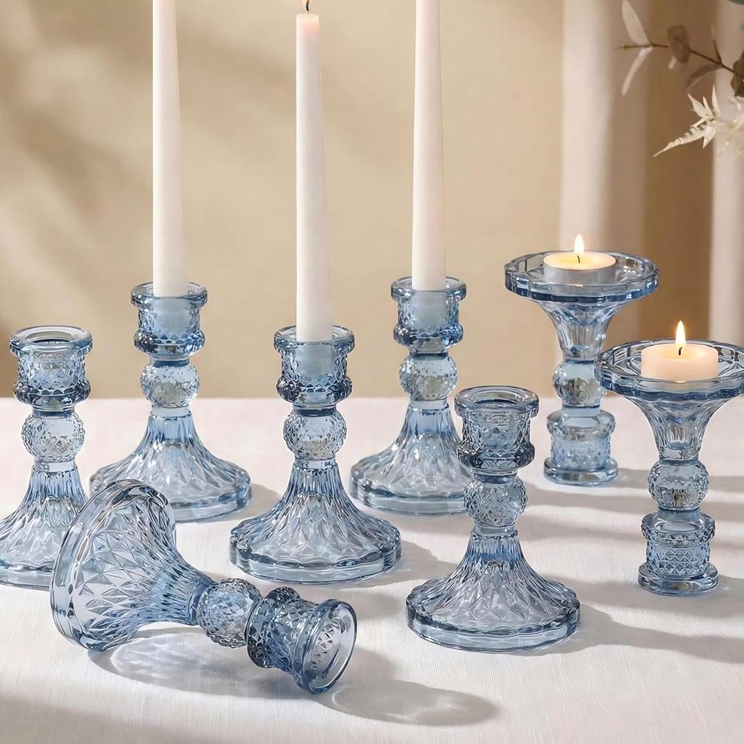 Glass Candle Holder Set of 12, Blue Taper Candle Holders Bulk, Vintage Candlestick Holders, Candle Stick Holder for Table Centerpieces, Wedding, Festival & Home Decor (Blue)