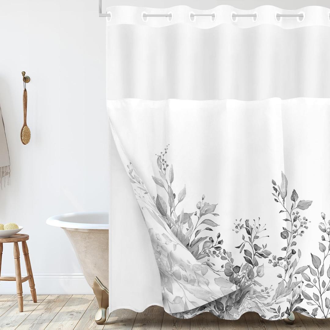 Tititex No Hooks Snap in Liner Grey Eucalyptus Leaves Shower Curtain Sets, Hotel Luxury Double Layers Waterproof Fabric & See-Through Top Window Bathroom Decorative 72x78 Inch