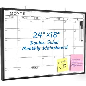 MaxGear Dry Erase Calendar Board 24" x 18" Magnetic Monthly Double-Sided Calendar Whiteboard with Black Aluminum Frame for Wall, Classroom, and Office Use