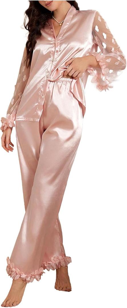 OYOANGLE Women's Satin Pajama Set Heart Mesh Sheer Sleeve Button Down Shirt and Pants 2 Piece Sleepwear Pink X-Large