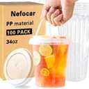 100 Pack 34oz Disposable Coffee Cups with Lids, Plastic Cups with Lids and Straws,Sturdy & Food Safe To Go Cups for Cold & Hot Drinks,Smoothies,Fruit Drinks Cups for Summer Beverages,Bar & Beach Party, 100 PCS (EXP 05/06/32)