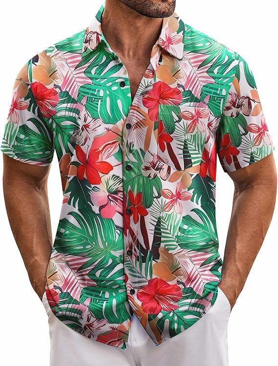 COOFANDY Mens Hawaiian Tropical Shirt Short Sleeve Casual Button Down Floral Summer Beach Shirts with Pocket, XL