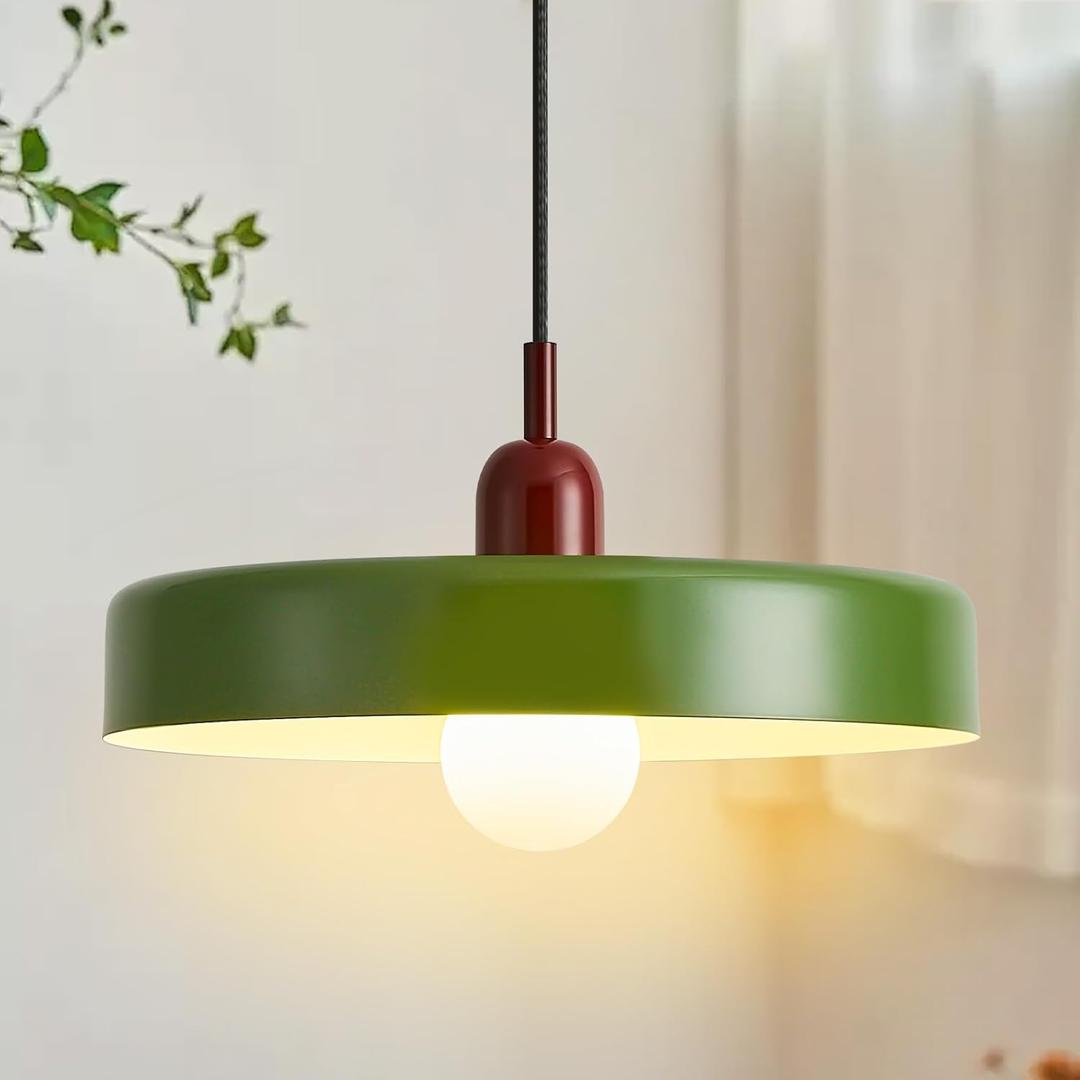 Pendant Lights Kitchen Island Mid Century Modern Green Hanging Lamp Vintage Pendant Lights Fixture Dining Room Antique Bedroom Study Room Large Iron Lampshade 13.78inch