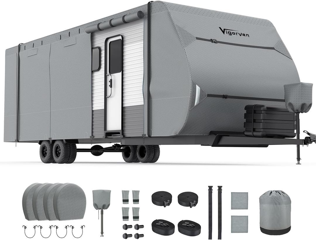 Travel Trailer RV Cover 27-30FT, Upgraded 7-Layer Top, Windproof
