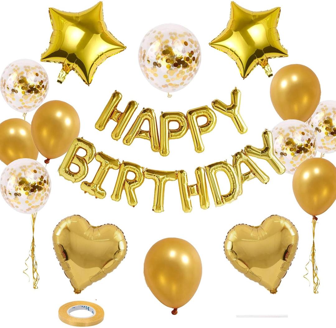 27 Pcs Gold Birthday Decorations, 3D Foil Gold Happy Birthday Balloon Banner, Pentagram Heart Foil Balloons Confetti Balloons Kit For Boys Girls Birthday Party Supplies, 16 inch, 18 inch, 12 inch