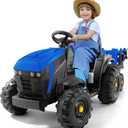 ELEMARA 24V 9AH Ride on Tractor with Easy Detachable Trailer, 24V Ride on Toys for Big Kids, 400W Electric Vehicles Ride On Tractor Car with Shovel, All-Terrain Capability, for Ages 3+, Music, Blue, Large
